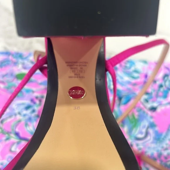 Zara Fuchsia Strappy Heeled Platform Sandals‎ Chunky Satin Pink Barbie. Size 38 - Picture 8 of 8